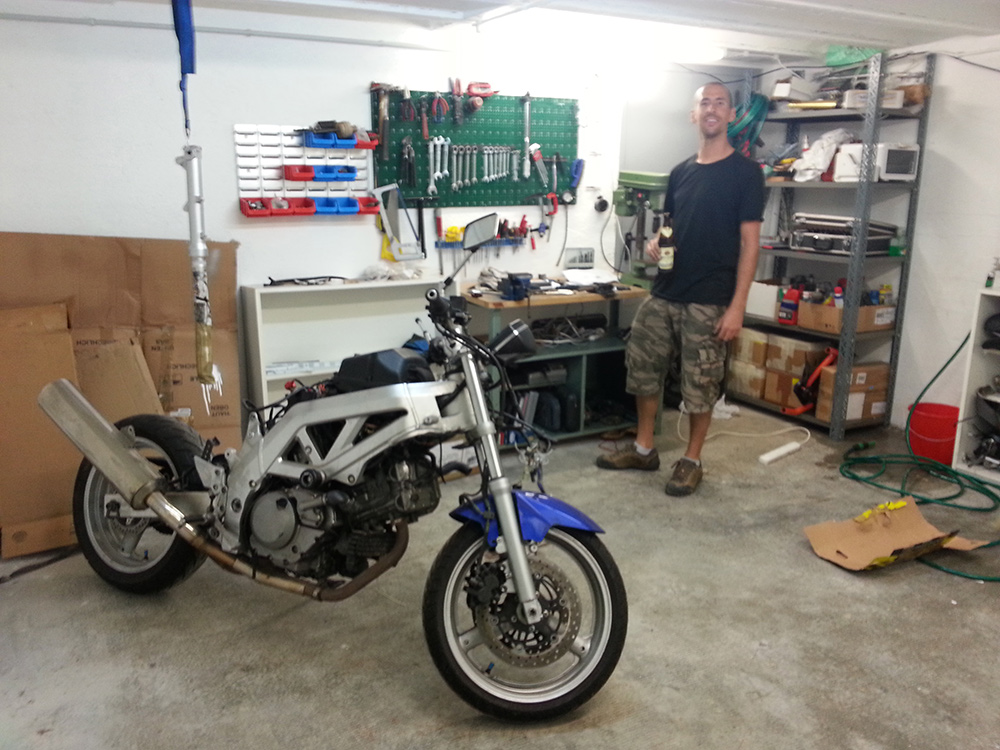 Me and the SV650 in the workshop before work commences